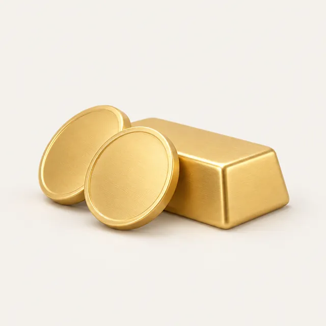 Two gold coins leaning against a gold bar