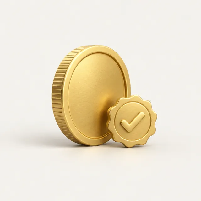 A gold coin beside a seal with a check mark