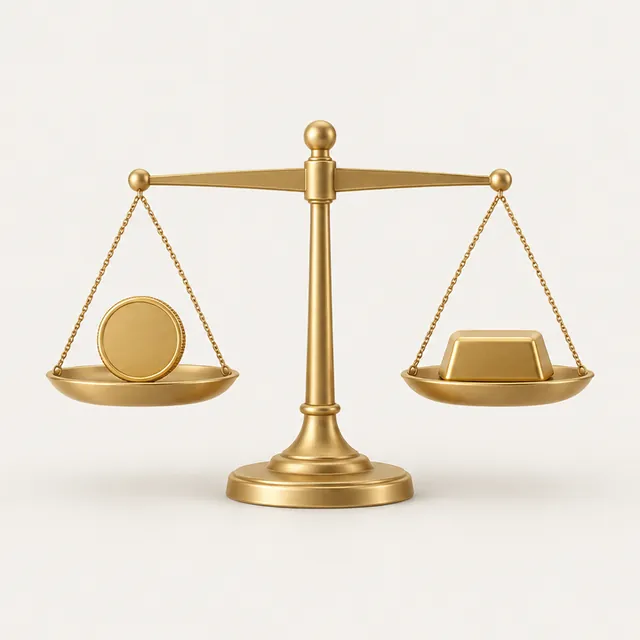 A balance scale with a gold coin on one side and a small gold bar on the other