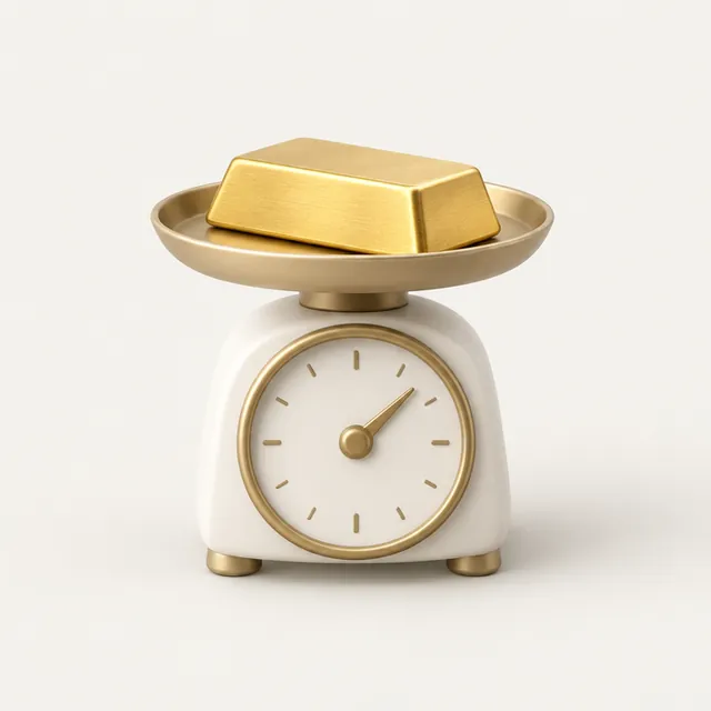 A gold bar on a small kitchen scale