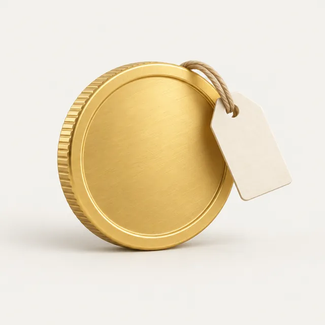 A gold coin with a blank price tag