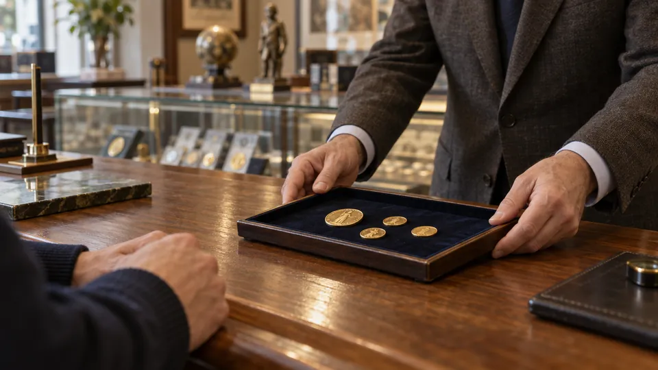 A coin dealer sliding a tray of gold coins across a wooden counter