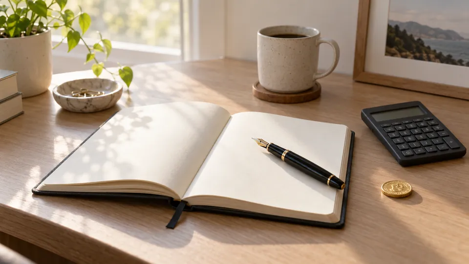 A notebook, pen, calculator and a gold coin on a wooden desk