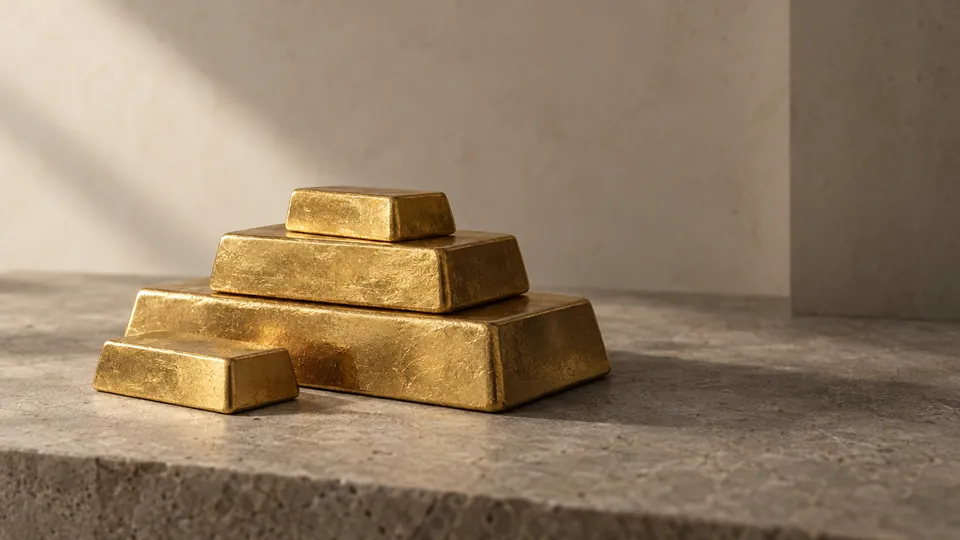 A stack of gold bars on a stone surface