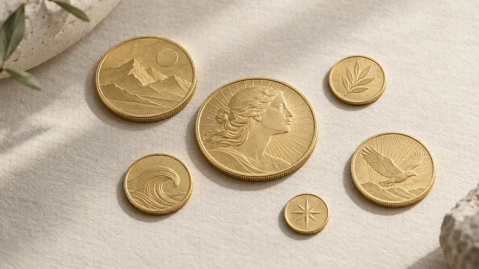Gold bullion coins of several sizes on linen paper