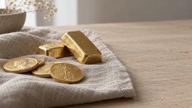 Gold coins and small gold bars on linen