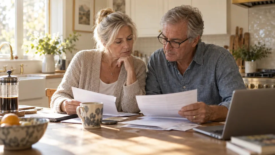 A couple in their sixties reading account statements at a kitchen table