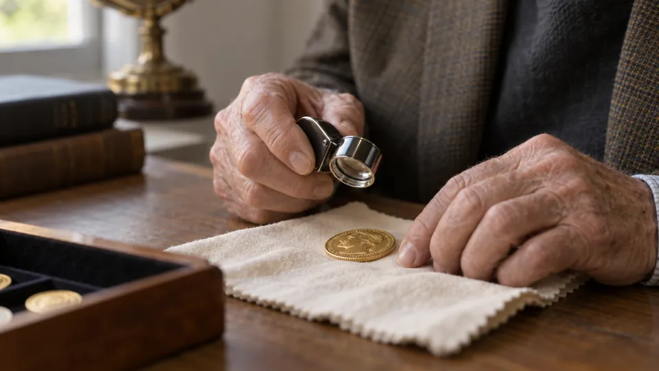 Hands holding a jeweler's loupe over a gold coin