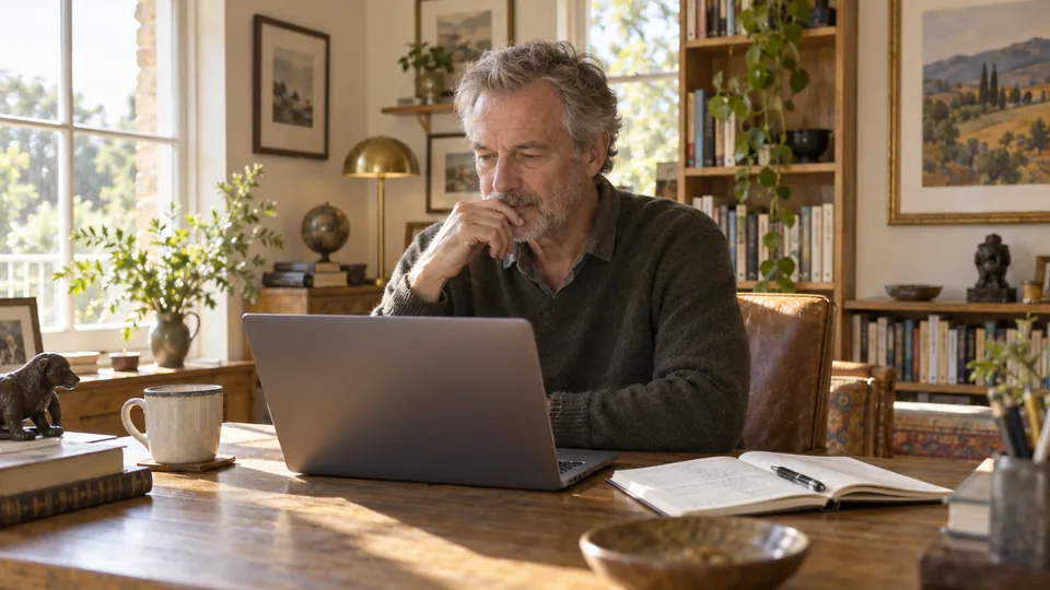 A man reading on a laptop in a sunlit home study