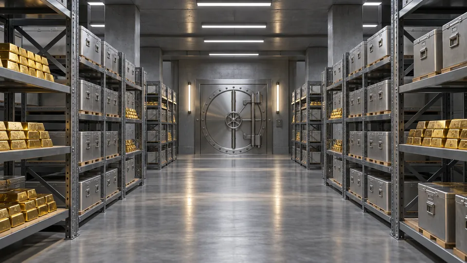 Shelves of sealed boxes and gold bars inside a precious metals vault